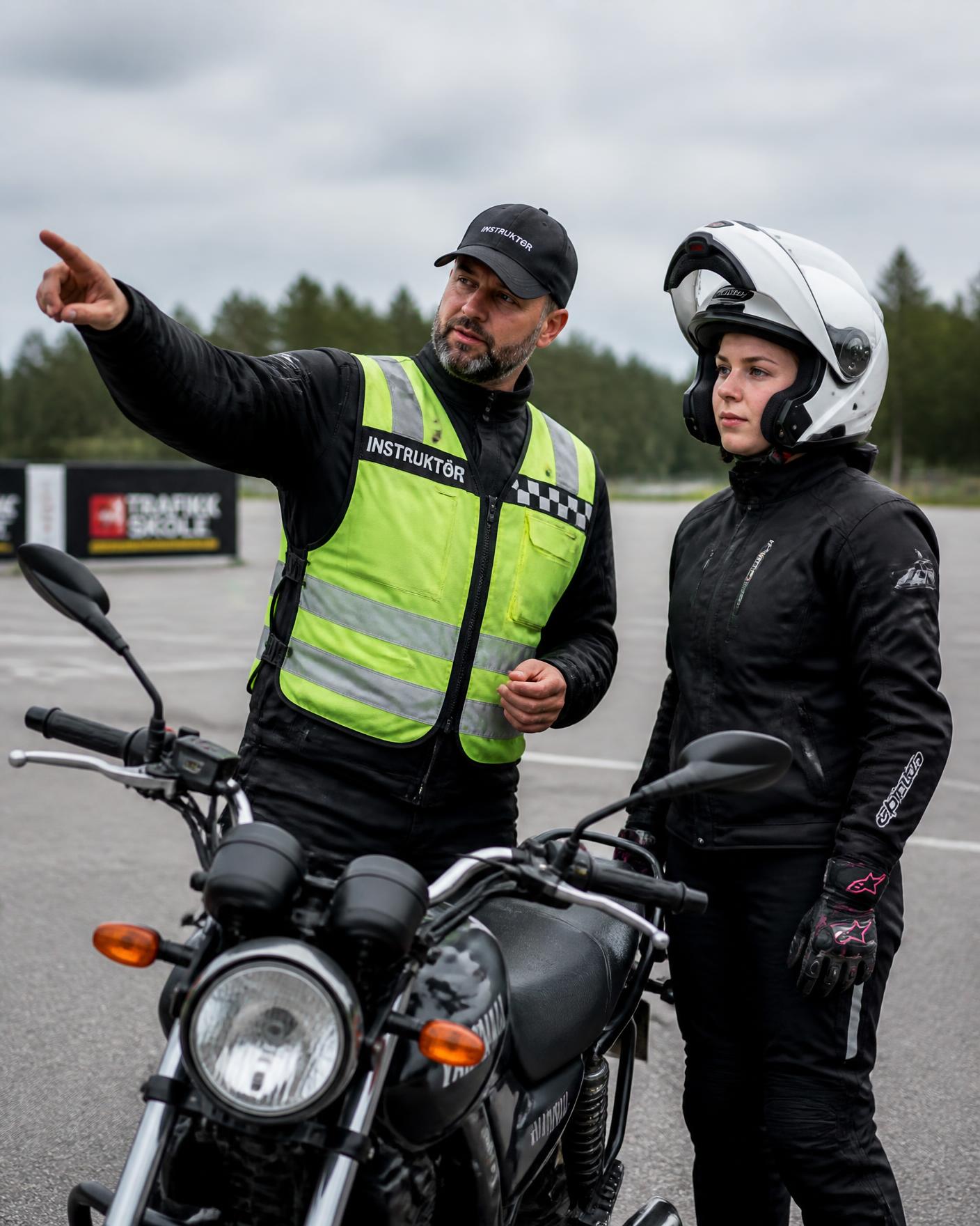 Instruktör som handleder en elev under MC-utbildning i Uppsala